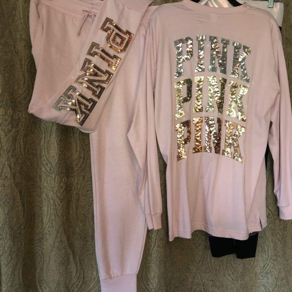 VS Pink Joggers Sweatpants Ombre Bling Sequins L